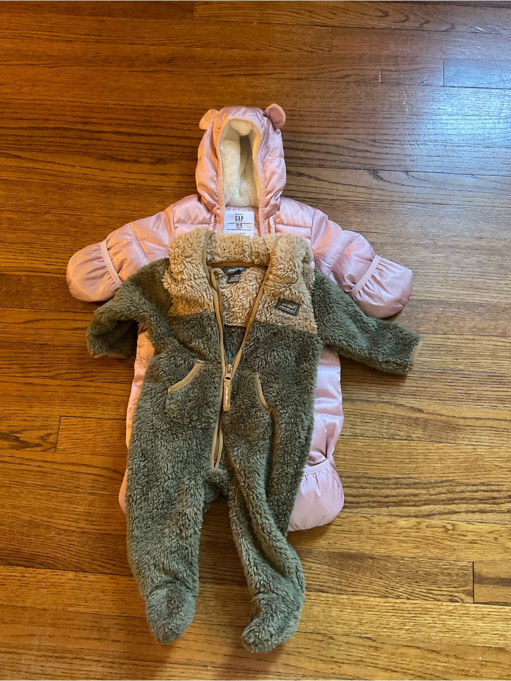 GAP Baby Satin Pink Hooded Puffer Jacket & Eddie Bauer fuzzy onesie